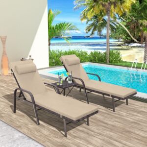 trumbeak patio chaise lounge set 3 pieces pool lounge chairs,cushioned outdoor folding lounge chair w/arm and rattan adjustable backrest for poolside porch,folding table included,sand