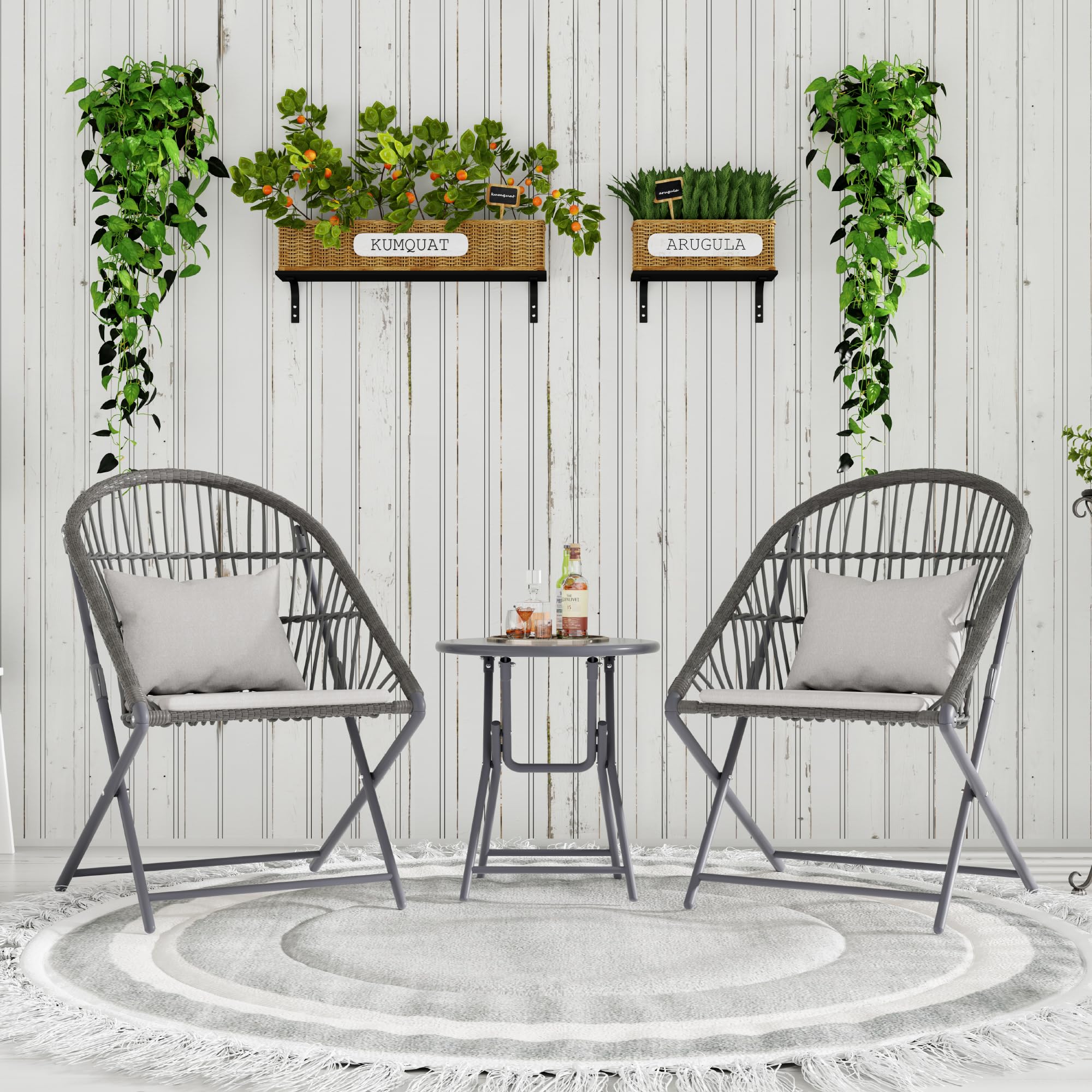 HWB Foldable 3-Piece Patio Bistro Set with Folding Rattan Chairs and Round Table - Small Outdoor Furniture for Balcony, Garden, Backyard, Restaurant, Cafe Bar (Grey)