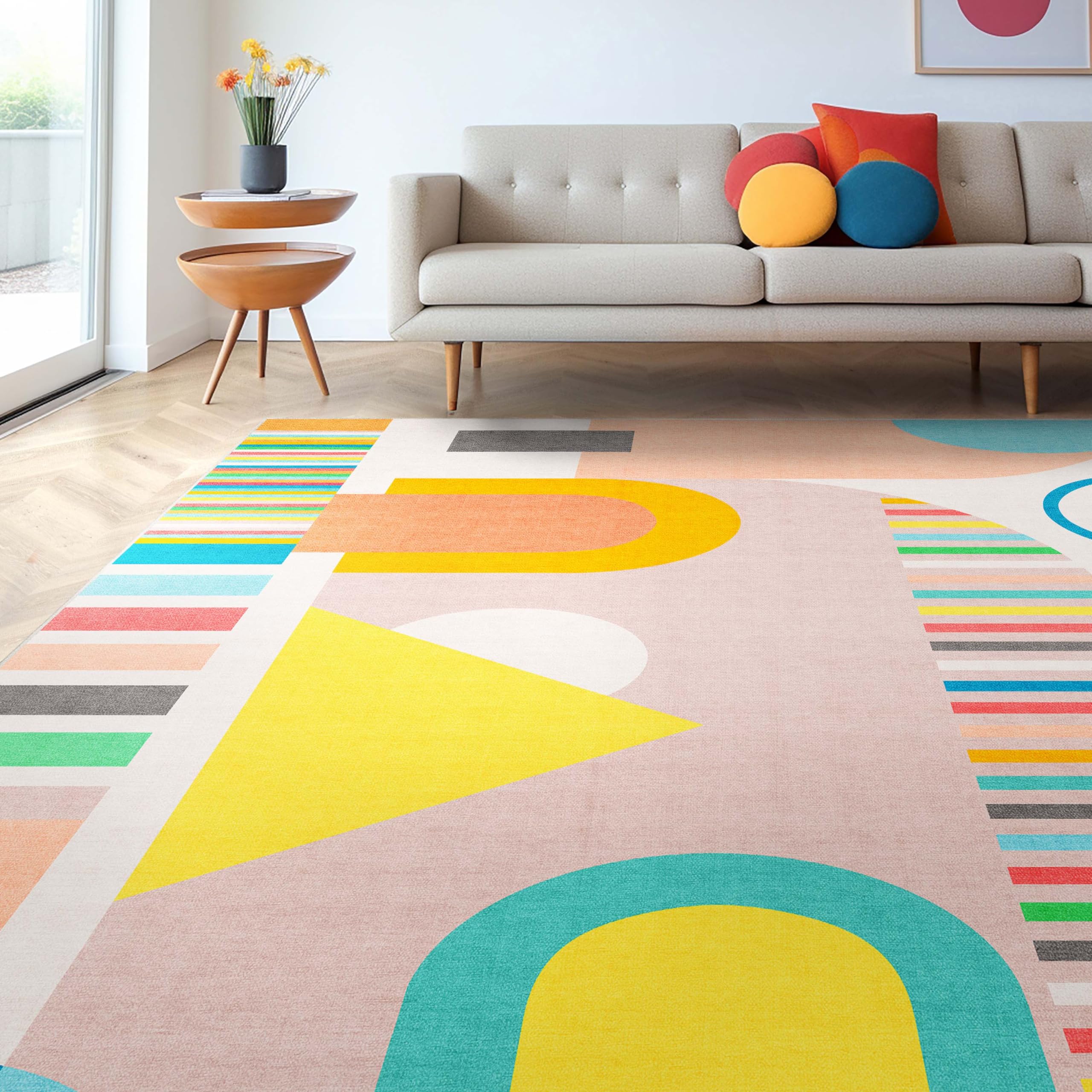 Well Woven Geometric Modern Flat-Weave Washable 7'10" x 9'10" Area Rug - Multi Color Bright Geometric Abstract - for Living Room, Dining Room and Bedroom