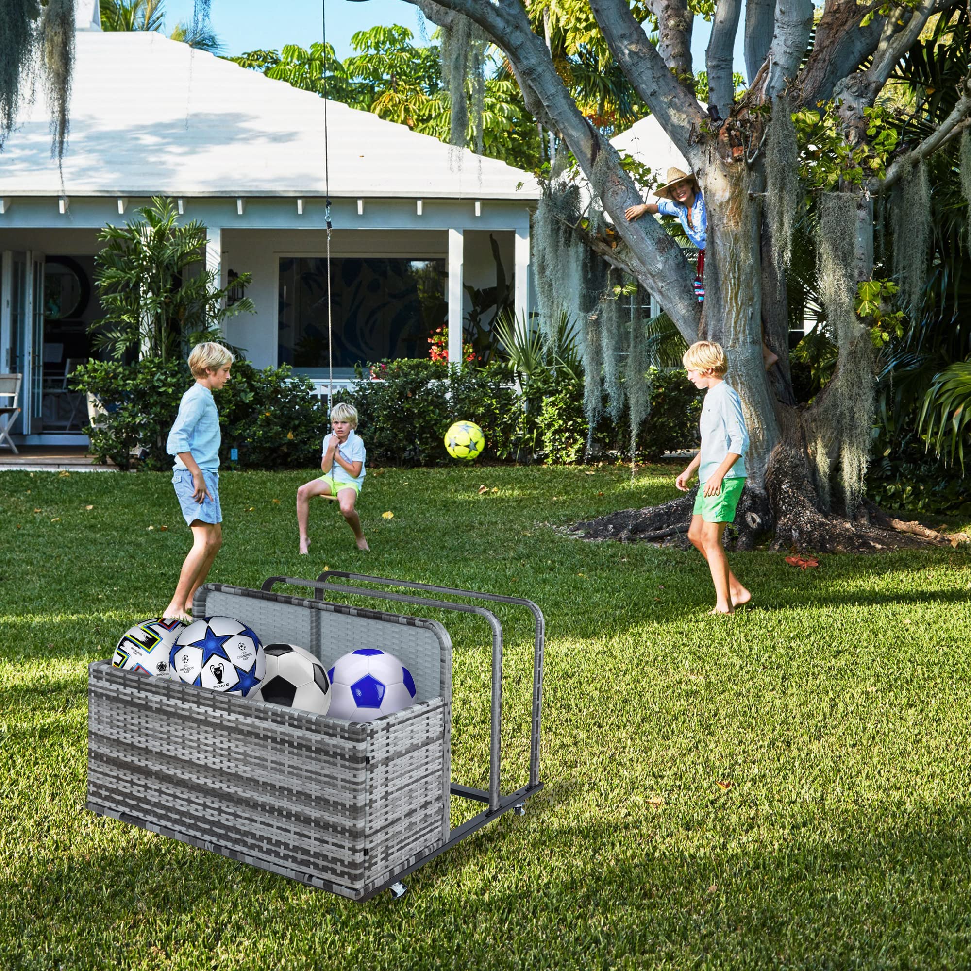 IDEALHOUSE Outdoor Storage, Patio Poolside Float Storage Basket,Double Layer Poolside Float Storage, Storage Box, PE Rattan Outdoor Pool Caddy with Rolling Wheels for Floaties,Beach-Sturdy,Grey