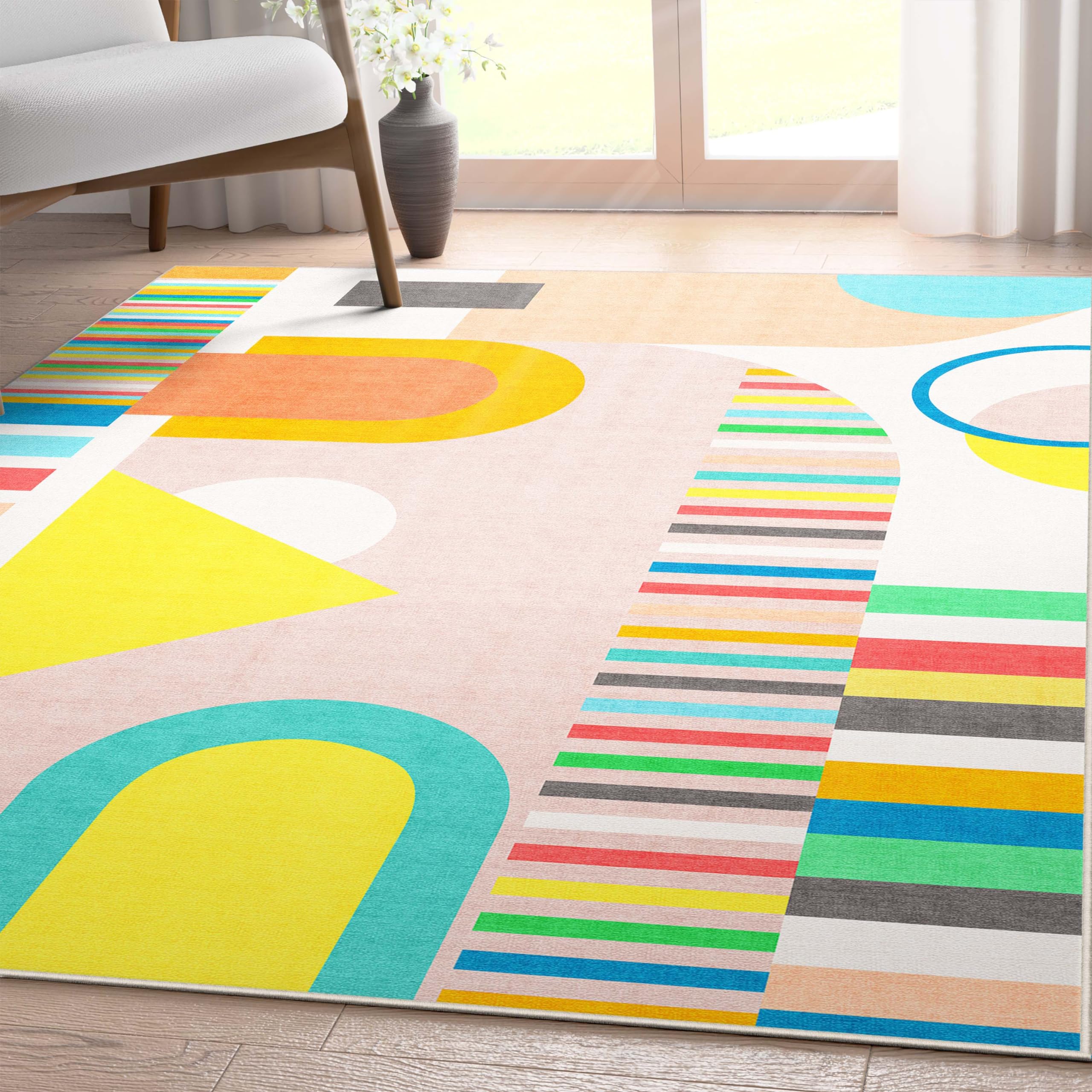 Well Woven Geometric Modern Flat-Weave Washable 7'10" x 9'10" Area Rug - Multi Color Bright Geometric Abstract - for Living Room, Dining Room and Bedroom