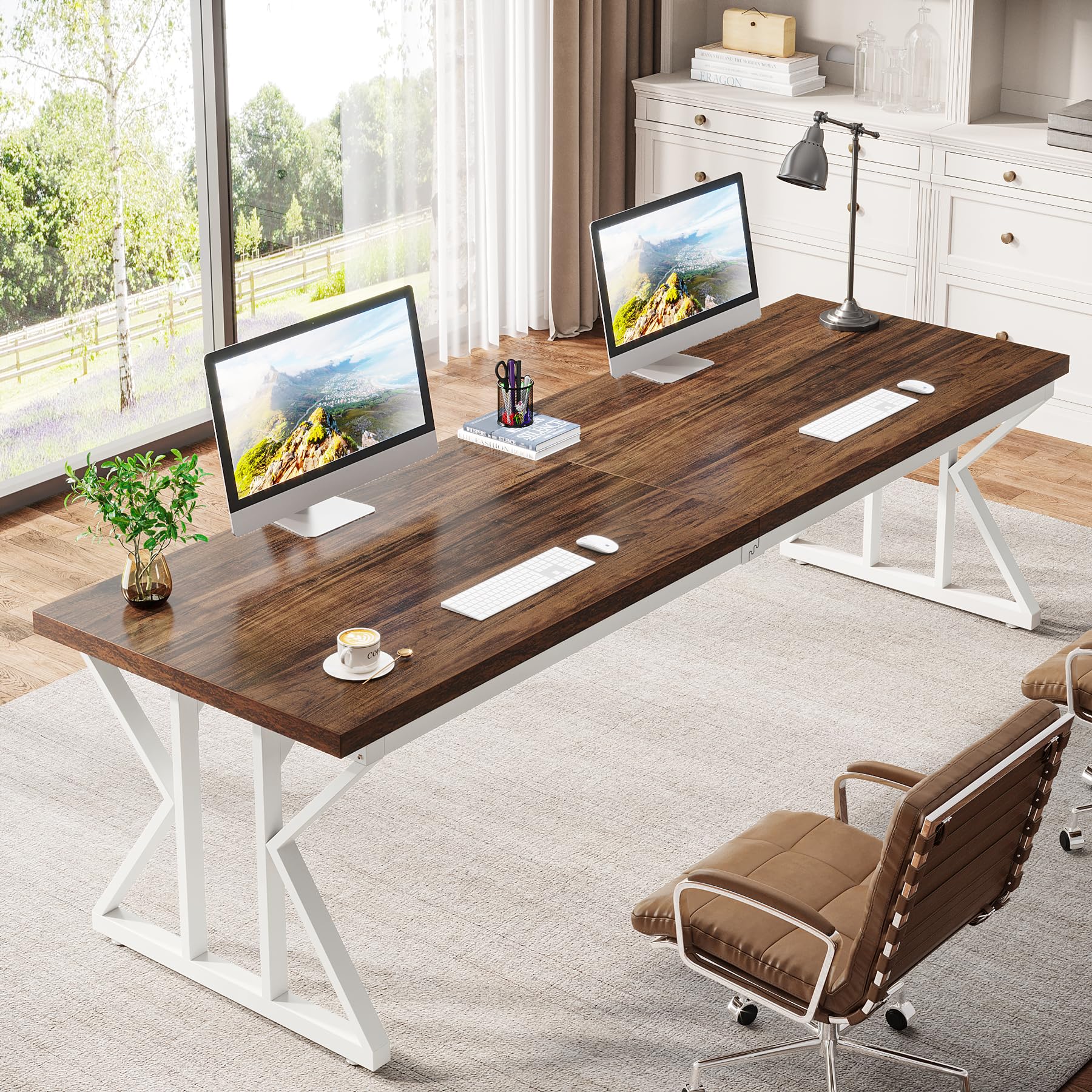 Tribesigns 78.7 Inches Long Computer Desk, Two Person Desk Large Executive Office Desk, Double Desk Study Writing Table for Home Office (Brown/White)