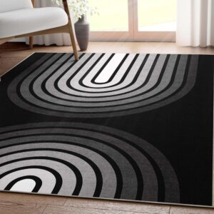 well woven geometric modern flat-weave 5'3" x 7'3" area rug - black + white dark curves - for living room, dining room and bedroom