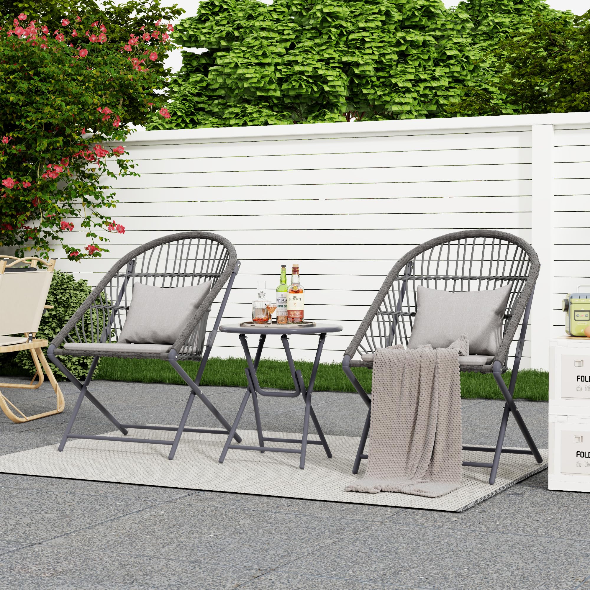 HWB Foldable 3-Piece Patio Bistro Set with Folding Rattan Chairs and Round Table - Small Outdoor Furniture for Balcony, Garden, Backyard, Restaurant, Cafe Bar (Grey)