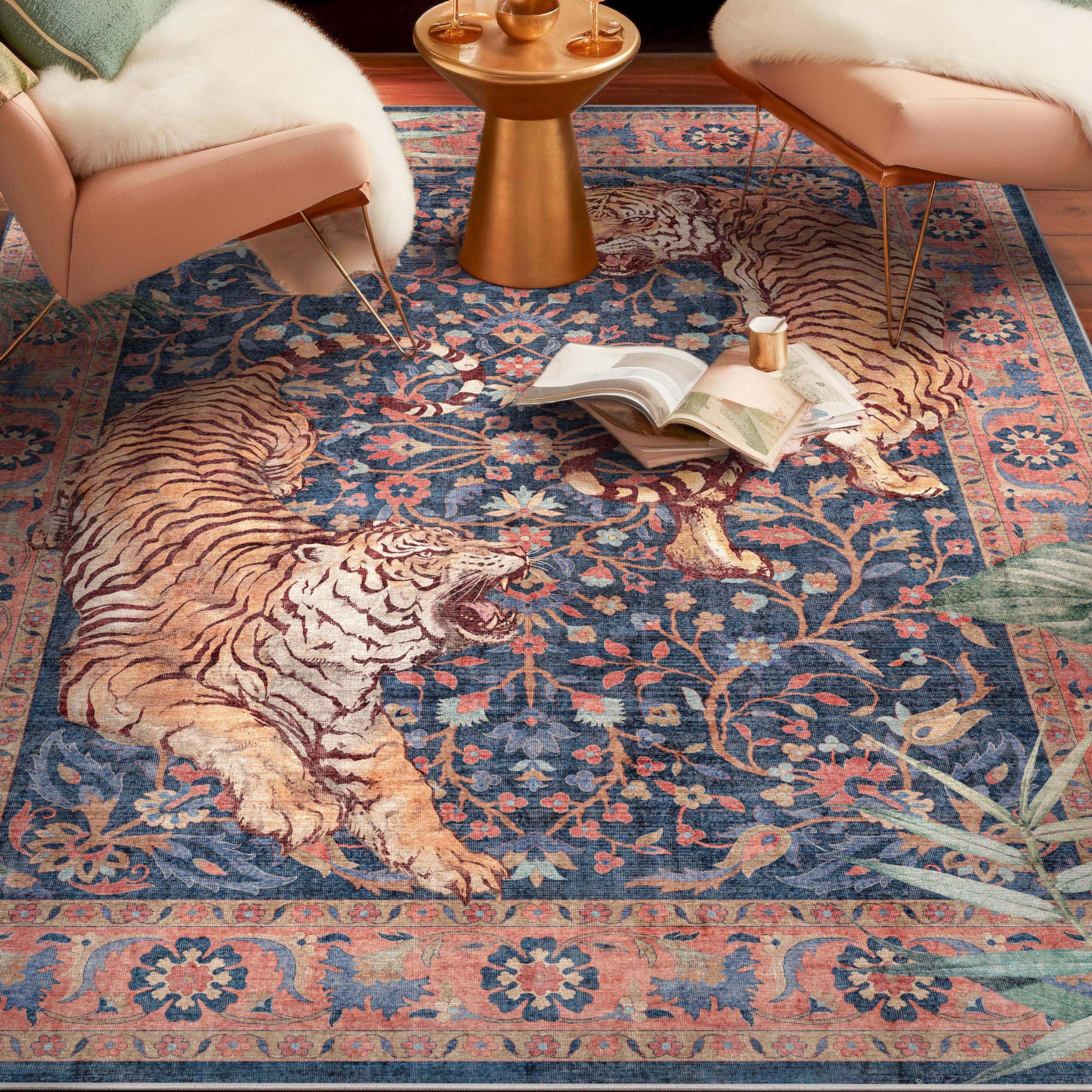 Well Woven Apollo Botanical Tiger Navy Washable Rug – Dining Room & Bedroom, 5'3" x 7'3", Durable