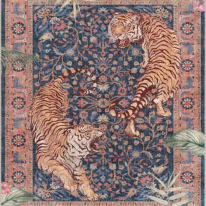 Well Woven Apollo Botanical Tiger Navy Washable Rug – Dining Room & Bedroom, 5'3" x 7'3", Durable