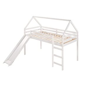 Lostcat Twin Loft Bed with Slide, House Loft Bed with Slide,Solid Pine Wood Kid Bed Frame w/Safety Guardrail & Ladder,No Box Spring Needed,Save Space Design, Kid Bed for Kids,Teens, Girls, Boys, White