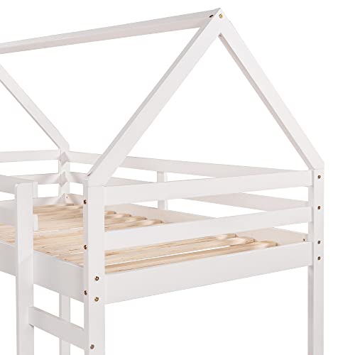 Lostcat Twin Loft Bed with Slide, House Loft Bed with Slide,Solid Pine Wood Kid Bed Frame w/Safety Guardrail & Ladder,No Box Spring Needed,Save Space Design, Kid Bed for Kids,Teens, Girls, Boys, White