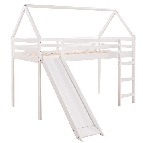 Lostcat Twin Loft Bed with Slide, House Loft Bed with Slide,Solid Pine Wood Kid Bed Frame w/Safety Guardrail & Ladder,No Box Spring Needed,Save Space Design, Kid Bed for Kids,Teens, Girls, Boys, White