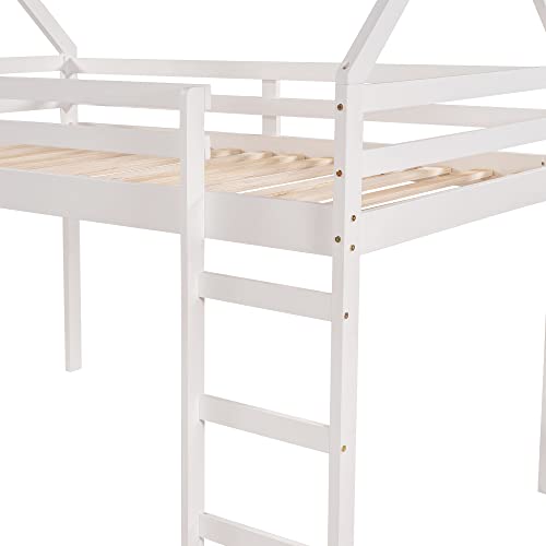 Lostcat Twin Loft Bed with Slide, House Loft Bed with Slide,Solid Pine Wood Kid Bed Frame w/Safety Guardrail & Ladder,No Box Spring Needed,Save Space Design, Kid Bed for Kids,Teens, Girls, Boys, White