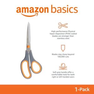 Amazon Basics Scissors for Office, Crafts, Multipurpose, Sharp, Comfort Grip, PVD Coated, Stainless Steel, Grey, 1 Pack