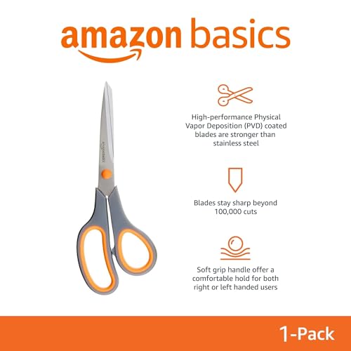 Amazon Basics Scissors for Office, Crafts, Multipurpose, Sharp, Comfort Grip, PVD Coated, Stainless Steel, Grey, 1 Pack