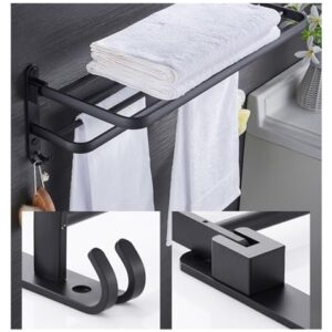 Towel Rack Wall-Mounted Towel Rack Foldable Towel Rail with Hook Space Aluminum Towel Rack Black Rack Kitchen Bathroom Home Decoration (Size : 60cm)