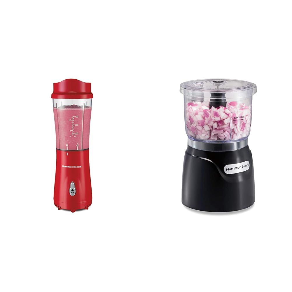 Hamilton Beach Portable Blender for Shakes and Smoothies with 14 Oz & Electric Vegetable Chopper & Mini Food Processor, 3-Cup, 350 Watts, for Dicing, Mincing, and Puree, Black (72850)