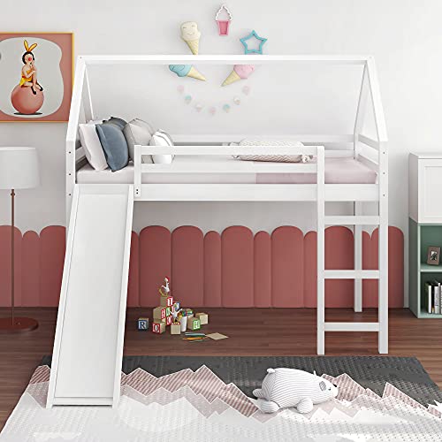 Lostcat Twin Loft Bed with Slide, House Loft Bed with Slide,Solid Pine Wood Kid Bed Frame w/Safety Guardrail & Ladder,No Box Spring Needed,Save Space Design, Kid Bed for Kids,Teens, Girls, Boys, White