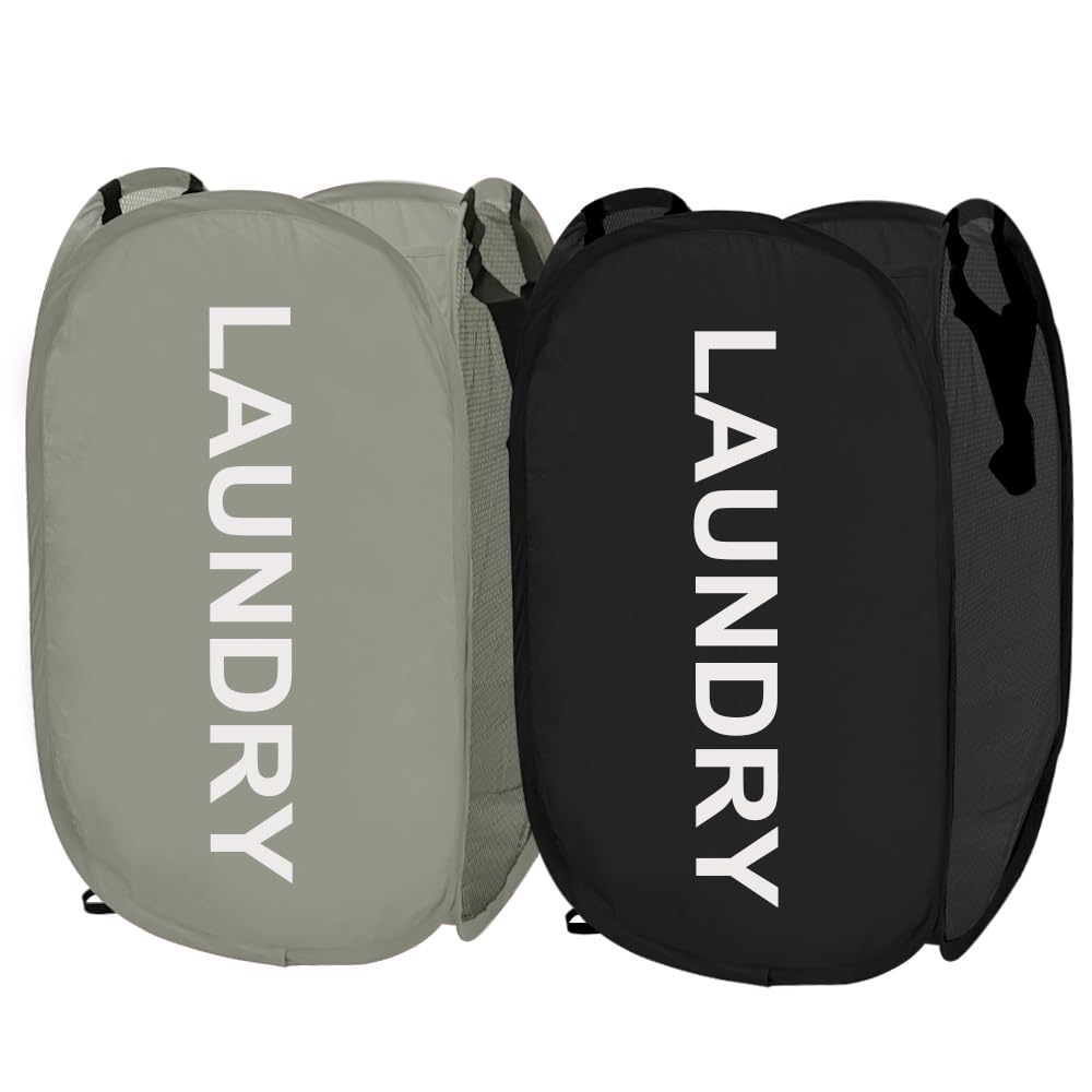 Larpur Pop Up Laundry Baskets, 2 Pack Mesh Laundry Hampers Collapsible Clothes Hampers for Home, Dorm, Travel (Black + Gray)