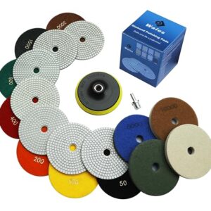 Waies 11 Packs 5 Inch Diamond Polishing Pads with 5/8"-11 Backer Pad 9 PCS Wet/Dry Polish Pad Kit for Drill Grinder Polisher 50-10000 Grit Pads for Marble Tile Quartz Granite Concrete Countertop