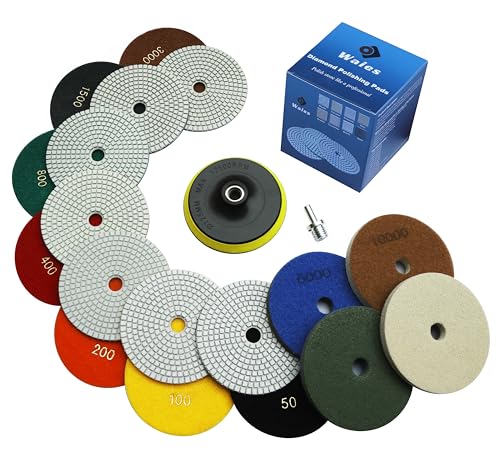 Waies 11 Packs 5 Inch Diamond Polishing Pads with 5/8"-11 Backer Pad 9 PCS Wet/Dry Polish Pad Kit for Drill Grinder Polisher 50-10000 Grit Pads for Marble Tile Quartz Granite Concrete Countertop