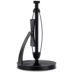 vehhe paper towel holder countertop, black paper towel holder with spring activated arm and silent damping effect, simply tear paper towel stand for bathroom and kitchen (black)