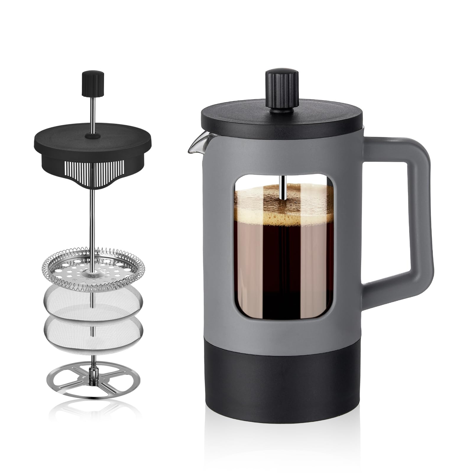 YOLIFE French Press Coffee Maker, 21 oz Small Coffee Tea Press with Heat-resistant Borosilicate Glass, 4-Level Filtration Systems, Portable Coffee Pot for Camping Travel Gifts, Grey and Black