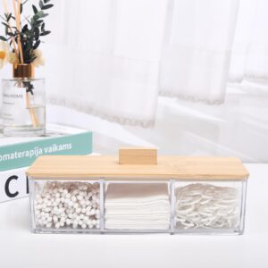 Sohalejr Wood Qtip Holder 3 Compartments Cotton Ball and Swab Holder Organizer with Lid,Jar for Cotton Rounds,Bathroom Containers,Clear Acrylic Desk Organizer for Makeup Pads,Cosmetics Bedroom