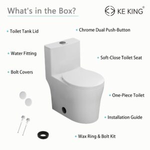 KE KING Compact One Piece Toilet, Quiet Dual & Powerful Flush Modern Toilet for Small Bathroom, Space Saving Toilet with Soft Close Toilet Seat, 12'' Rough-In Toilet