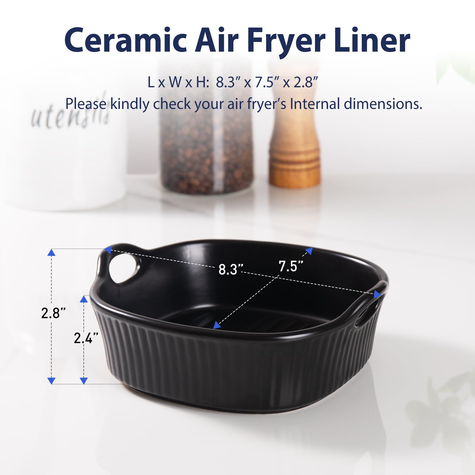 Tanirapel Ceramic Air Fryer Liners, 8 Inch Reusable Air Fryer Accessories, Square Air Fryer Basket with 2 Hooks, Heat Resistant Air Fryers Bowl, Matte Black