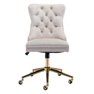 beige velvet home office desk chair with wheels & gold base, cute makeup vanity chair with tufted back for women girls, upholstered adjustable swivel armless office chair for bedroom, beige