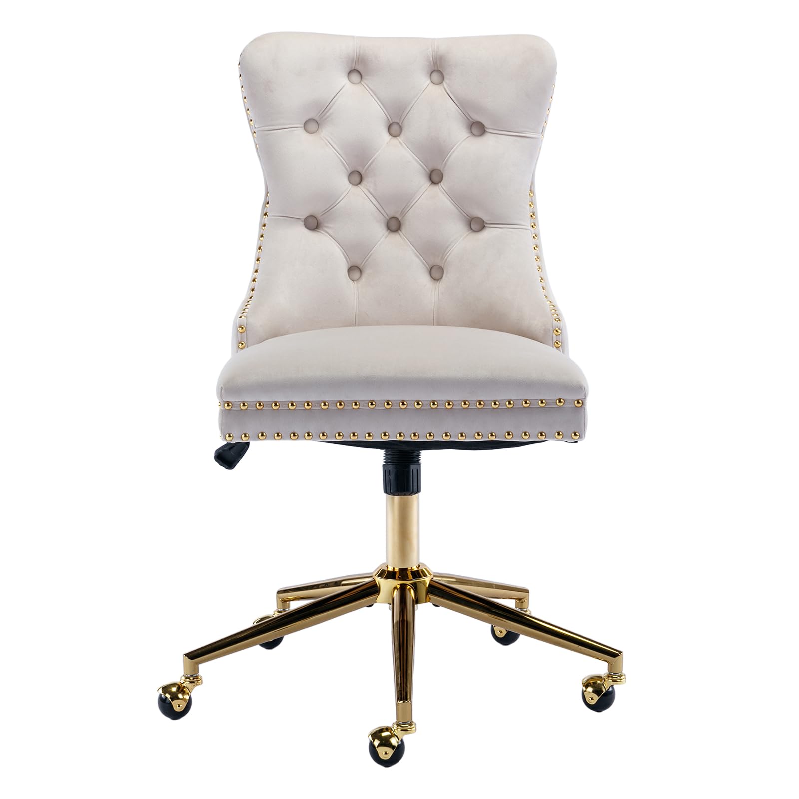 Beige Velvet Home Office Desk Chair with Wheels & Gold Base, Cute Makeup Vanity Chair with Tufted Back for Women Girls, Upholstered Adjustable Swivel Armless Office Chair for Bedroom, Beige