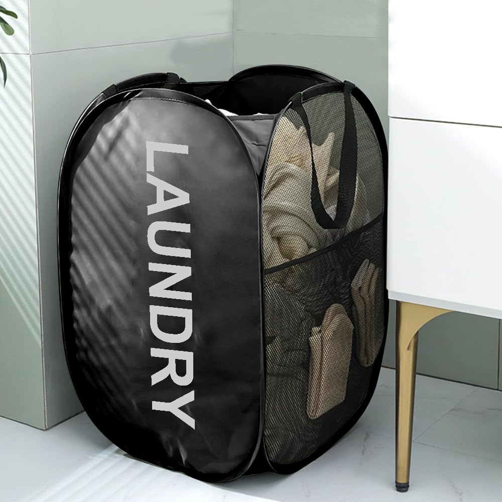 Larpur Pop Up Laundry Baskets, 2 Pack Mesh Laundry Hampers Collapsible Clothes Hampers for Home, Dorm, Travel (Black + Gray)