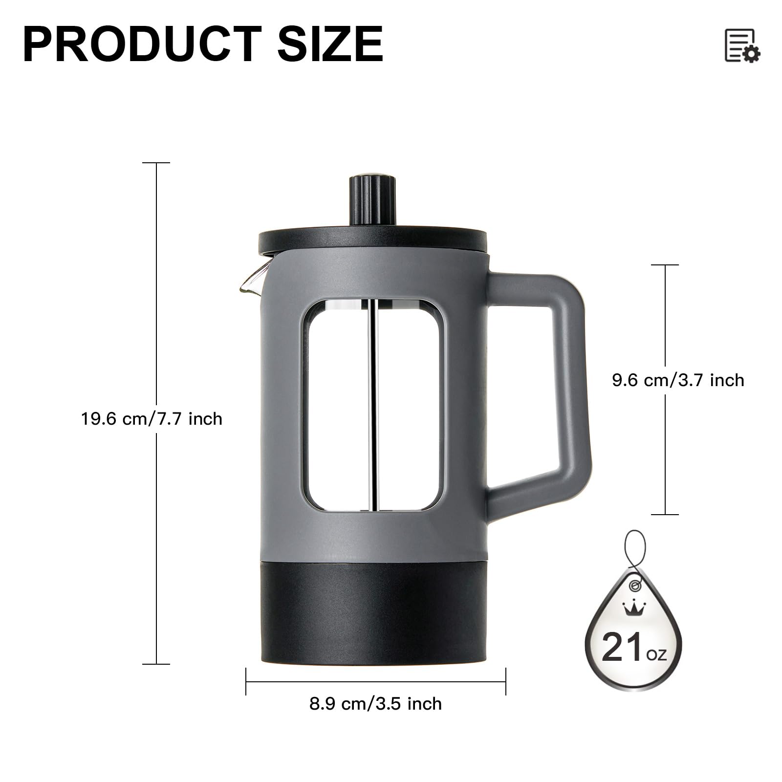 YOLIFE French Press Coffee Maker, 21 oz Small Coffee Tea Press with Heat-resistant Borosilicate Glass, 4-Level Filtration Systems, Portable Coffee Pot for Camping Travel Gifts, Grey and Black