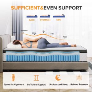 TXO King Size Mattress, 12 Inch Hybrid Mattress with Individual Pocketed Coil Springs and High Density Foam, Edge Support, Edge Support, Motion Isolation, Pressure Relief, Plush King Mattress in a Box