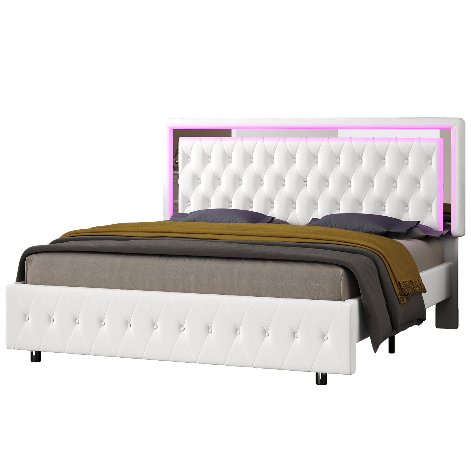 Jocisland Full Bed Frame with LED Lights Headboard&Footboard, Velvet Upholstered Full Size Platform Bed Frame No Box Spring Needed/White