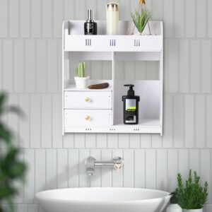 Hesitroad Modern Bathroom Cabinet, Wall Mount Hollow Flower Carved Toilet Storage Shelf Medicine Floor Cabinets Punching Free Cosmetics Organizer for Toilet Kitchen Living Room White