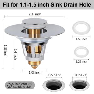 Hertone Universal Bathroom Sink Stopper, for 1.08-1.5 Inch Sink Drain Hole, High-Grade Pop Up Sink Drain Strainer Plug, Anti-Clog, with Hair Catcher Filter Basket, All Brass Metal, Polished Chrome