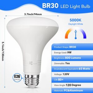 VOLIVO BR30 LED Bulbs 12 Pack, Dimmable Flood Light Bulb,5000k Daylight Light Bulbs, 9W Equivalent 65W Incandescent Blubs,800 Lumens, E26 Base, CRI 80,Recessed Light Bulb for Ceiling,Kitchen