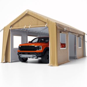 DEXSO Carport 13'x20' Heavy Duty Portable Garage, 1.0 mm Steel Poles & 180 g PE Waterproof Canopy, with Front & Rear Doors, 2 Side Doors, and 4 Windows, for Pickup Truck, and Boat, Khaki