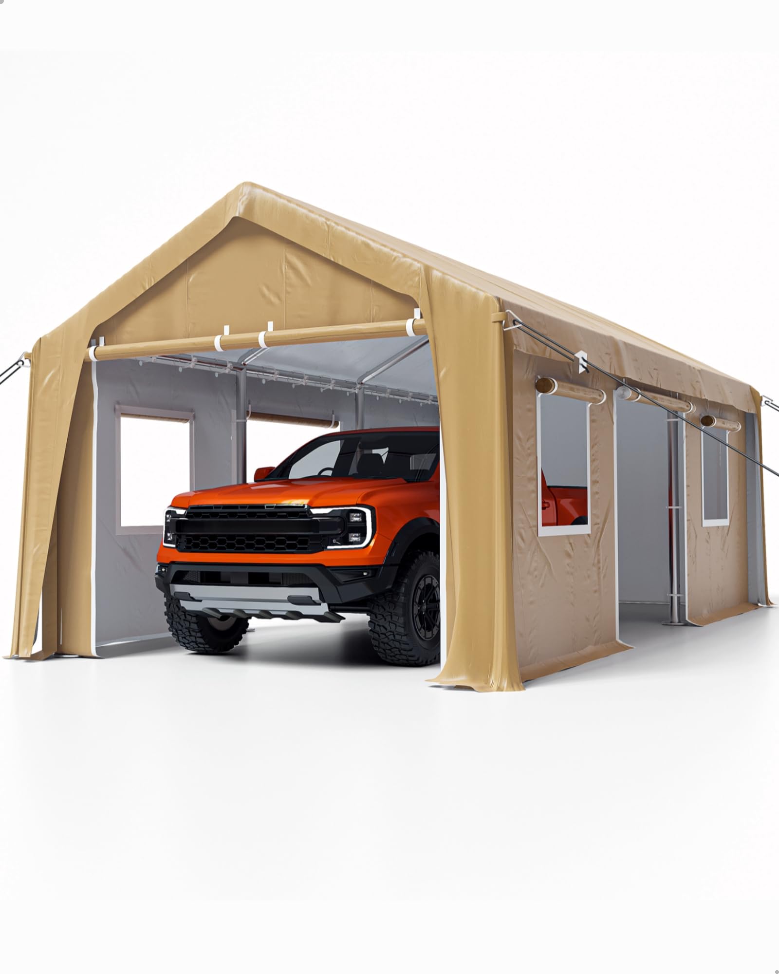 DEXSO Carport 13'x20' Heavy Duty Portable Garage, 1.0 mm Steel Poles & 180 g PE Waterproof Canopy, with Front & Rear Doors, 2 Side Doors, and 4 Windows, for Pickup Truck, and Boat, Khaki