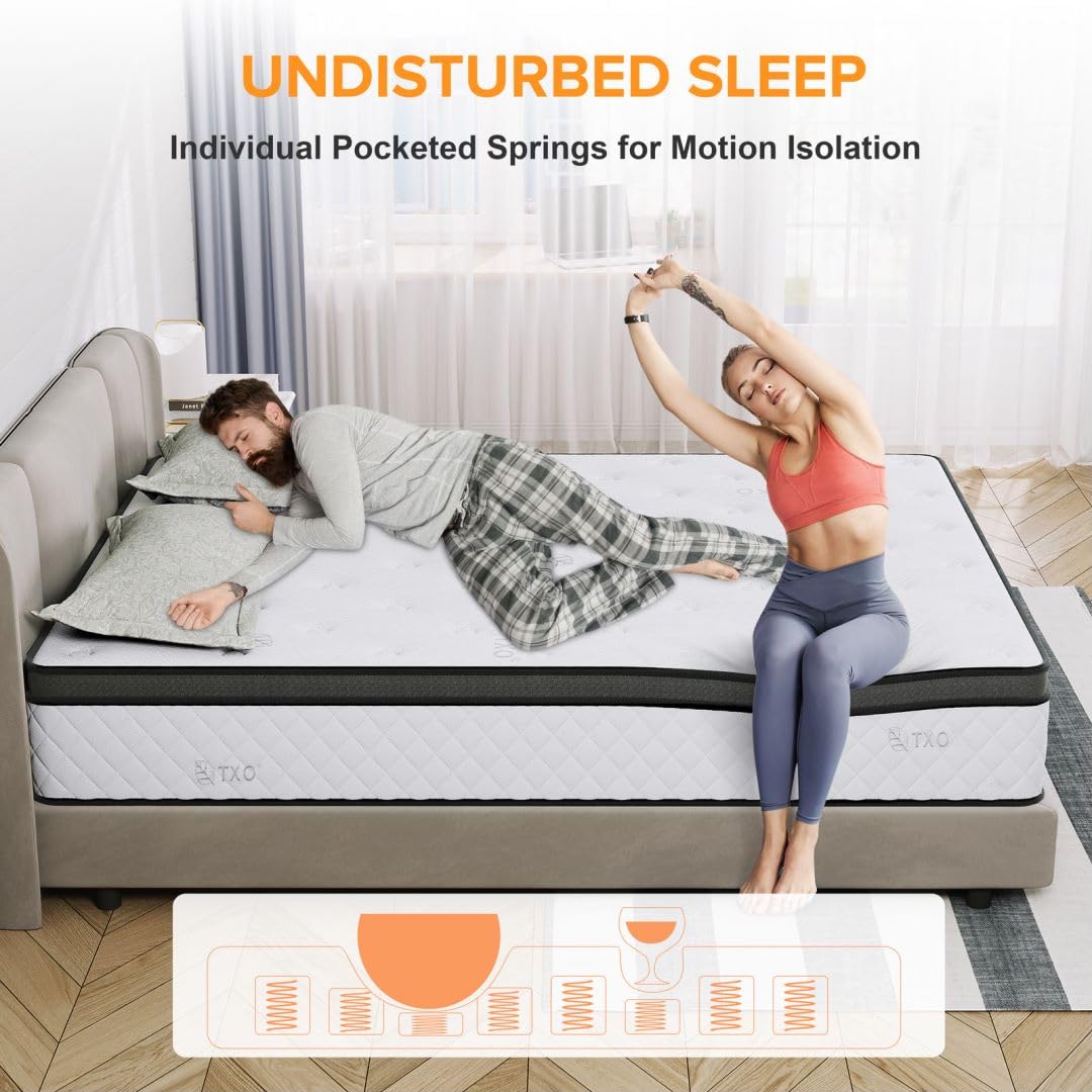 TXO King Size Mattress, 12 Inch Hybrid Mattress with Individual Pocketed Coil Springs and High Density Foam, Edge Support, Edge Support, Motion Isolation, Pressure Relief, Plush King Mattress in a Box