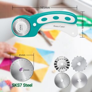 AMASEWART 45mm Rotary Cutter for Fabric with 8pcs Rotary Blades, Rolling Fabric Cutter Crochet Edge Skip Stitch Blade Perforating Rotary Cutter, Pinking Rotary Cutter for Quilting Crafts Sewing