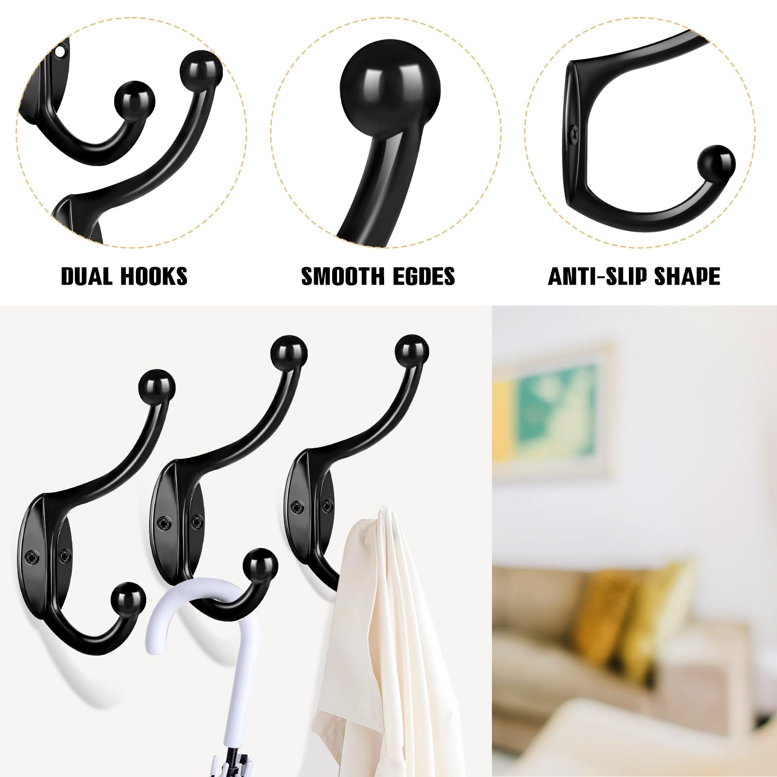 ALDMIO 6Pcs Wall Hooks for Hanging, Black Coat Hooks Wall Mounted with Screws Heavy Duty Door Hanger for Towel, Hat, Key, Coat, Bag