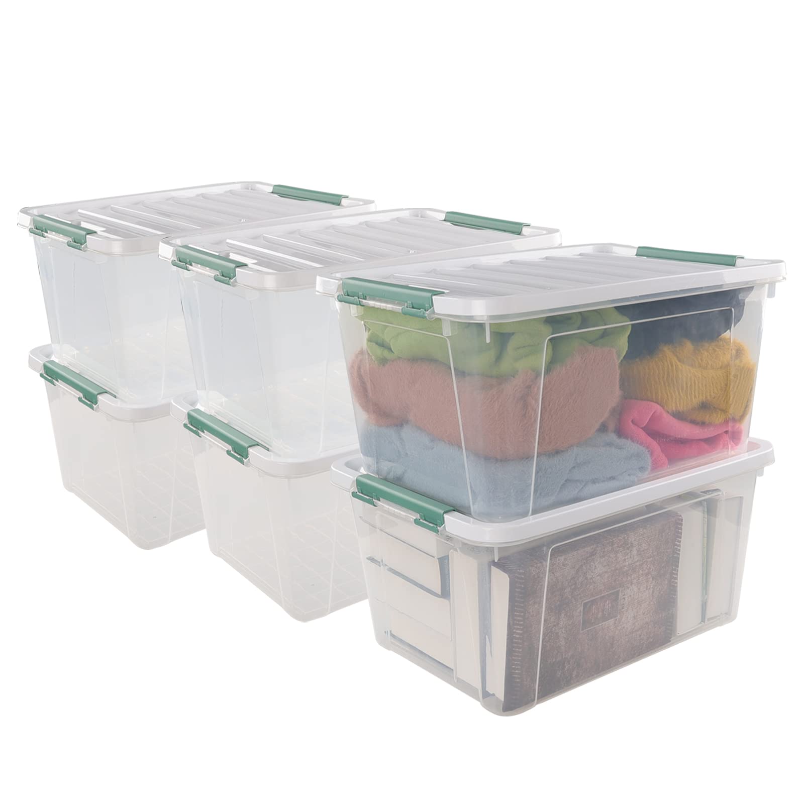 Afromy Set of 6 Latching Storage Box, Clear Plastic Bin with Lid, 35 Quart