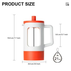 YOLIFE French Press Coffee Maker, 21 oz Small Coffee Tea Press with Heat-resistant Borosilicate Glass, 4-Level Filtration Systems, Portable Coffee Pot for Camping Travel Gifts, White and Orange