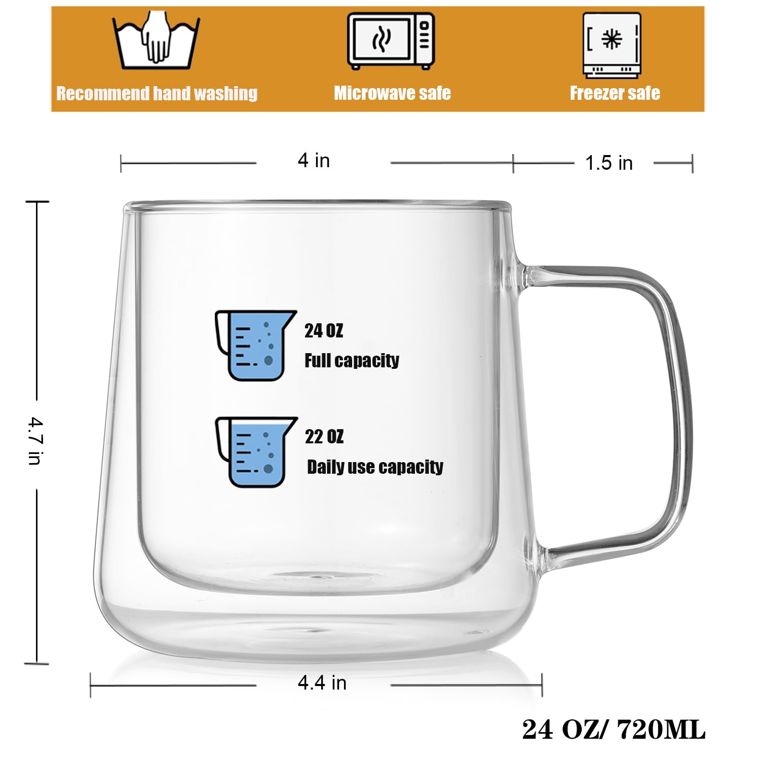 BNUNWISH Extra Large Thicken Double Wall Glasses Coffee Mugs Tea Cups set of 2, 24OZ Insulated Clear Lemon Tea Beer Cups with Handle