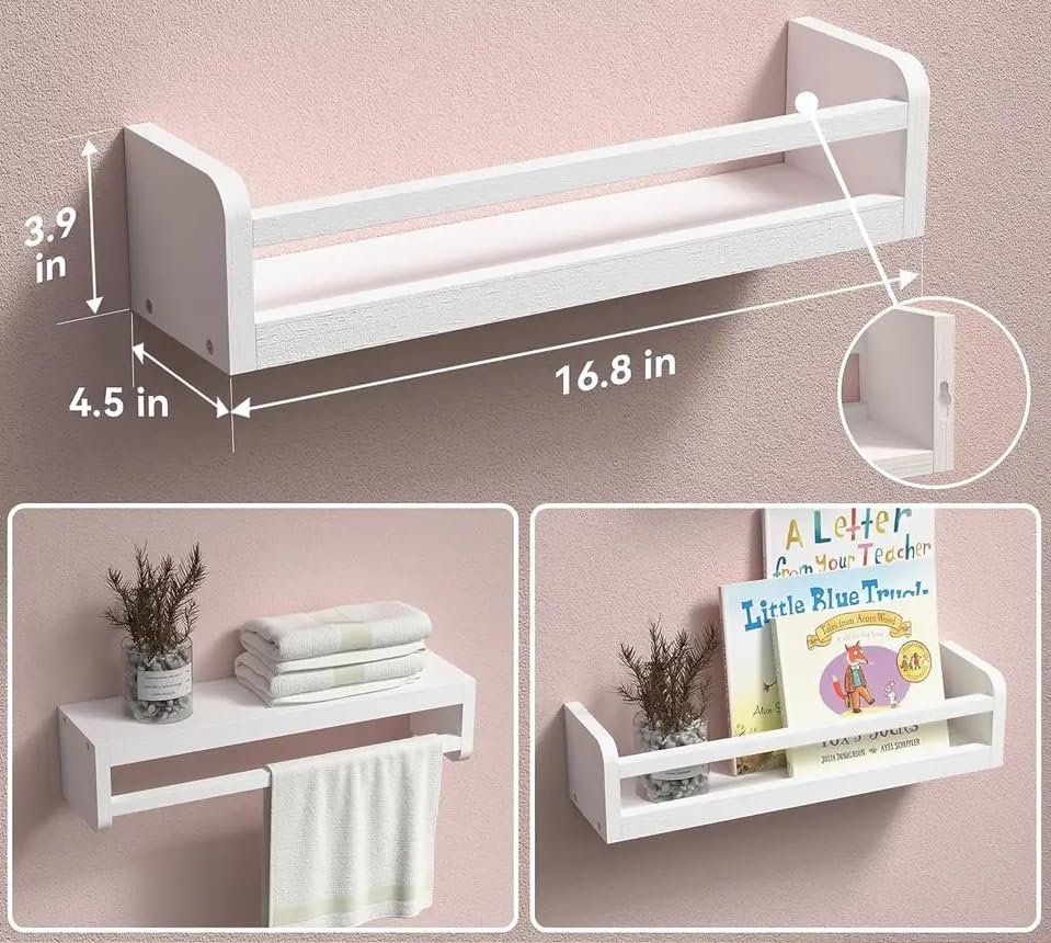 Love Joy Home Set of 4 Floating Shelves Wall Mounted, 16.8 Inches White Book Shelf for Rooms, Classic Wood Wall Bookshelf for Bedroom, Living Room, Bathroom, Kitchen, Toys, Décor, Spice Rack