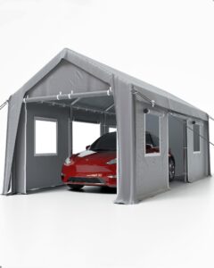 dexso carport 10'x20' portable garage heavy duty, 1.0 mm steel poles & 14 mil pe tarp, with front & rear doors, 2 side doors, and 4 windows screen, for pickup truck, and boat, silver gray