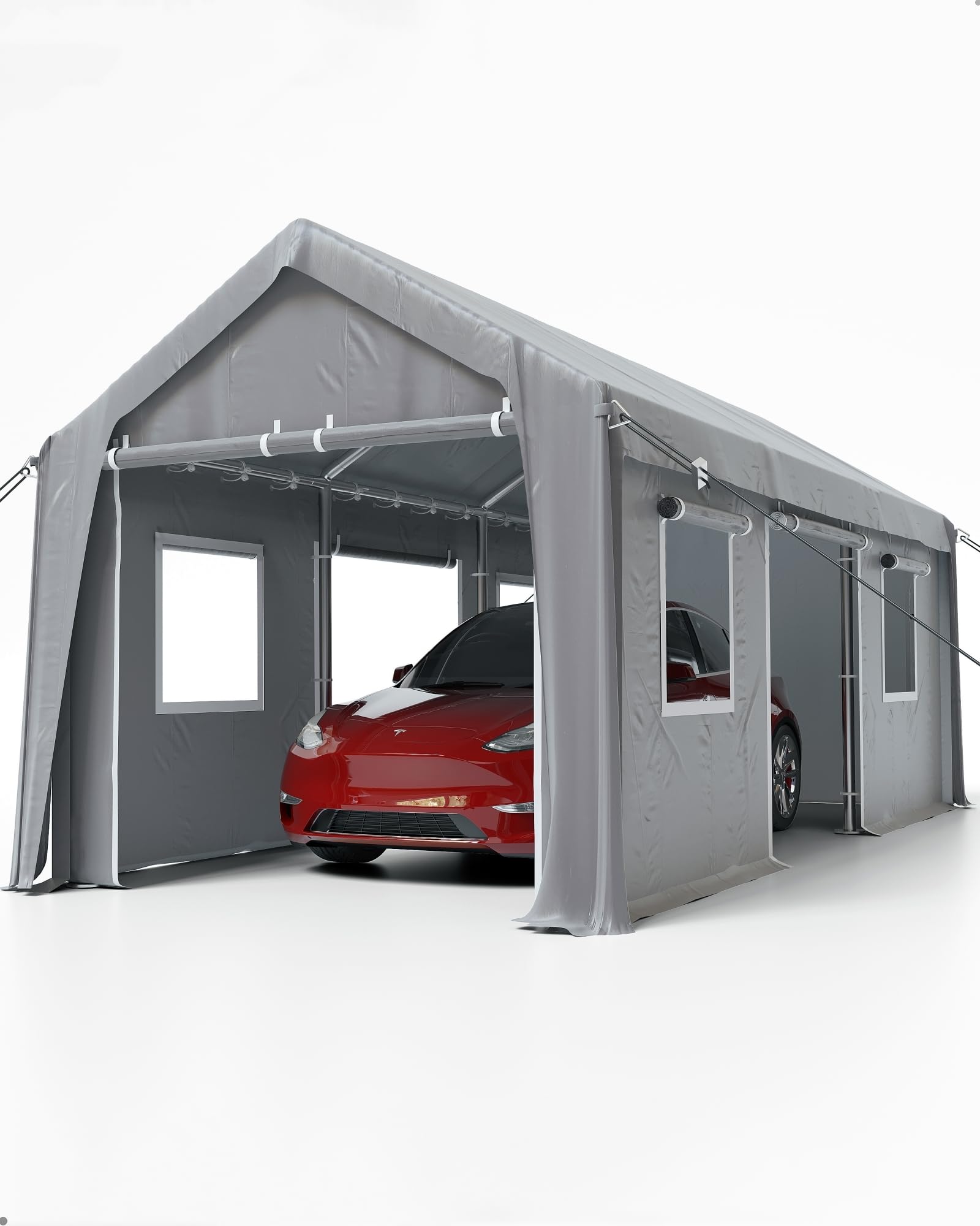 DEXSO Carport 10'x20' Portable Garage Heavy Duty, 1.0 mm Steel Poles & 14 mil PE Tarp, with Front & Rear Doors, 2 Side Doors, and 4 Windows Screen, for Pickup Truck, and Boat, Silver Gray