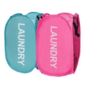 aplter collapsible laundry hamper 2 pack mesh pop up laundry hamper with handles, foldable laundry basket for kid's room, college dorm, rv, travel (pink + sky blue)