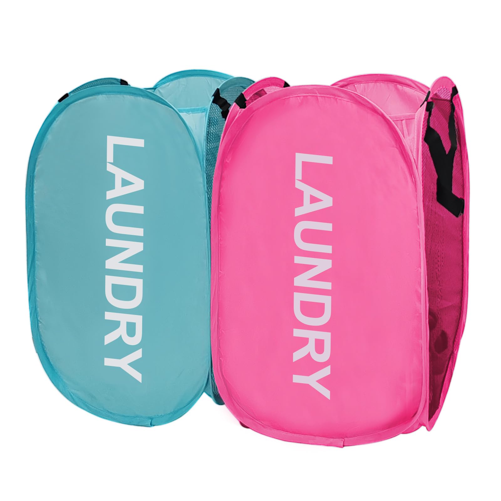 Aplter Collapsible Laundry Hamper 2 pack Mesh Pop Up Laundry Hamper with Handles, Foldable Laundry Basket for Kid's Room, College Dorm, RV, Travel (Pink + Sky Blue)