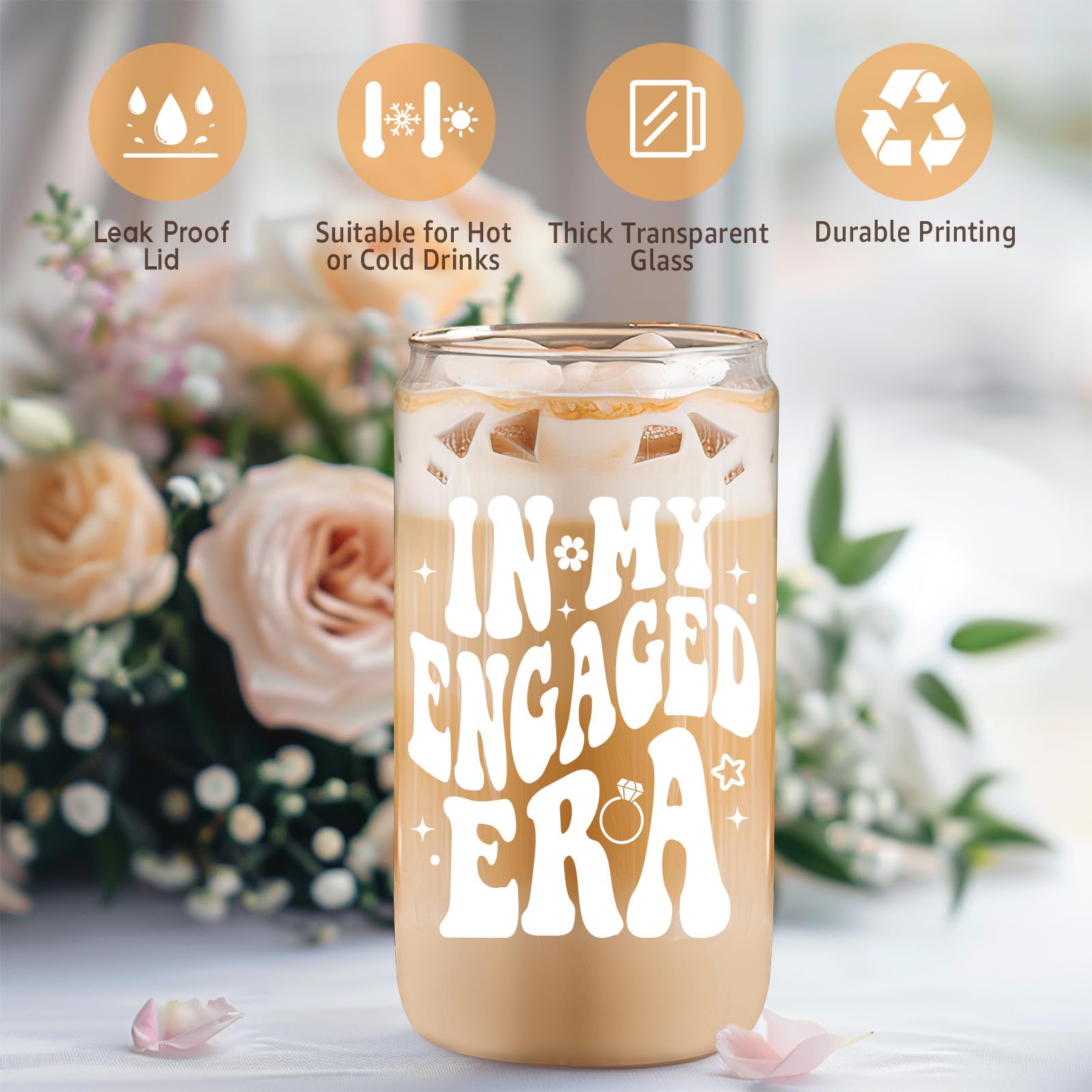 Coolife 16 oz in My Engaged Era Coffee Glass Cups w/Lids Straws - Engagement Gifts for Her Women, Bride to be Gifts - Bridal Shower, Bachelorette Gifts for Bride, Fiance Gifts for Women, Future Mrs